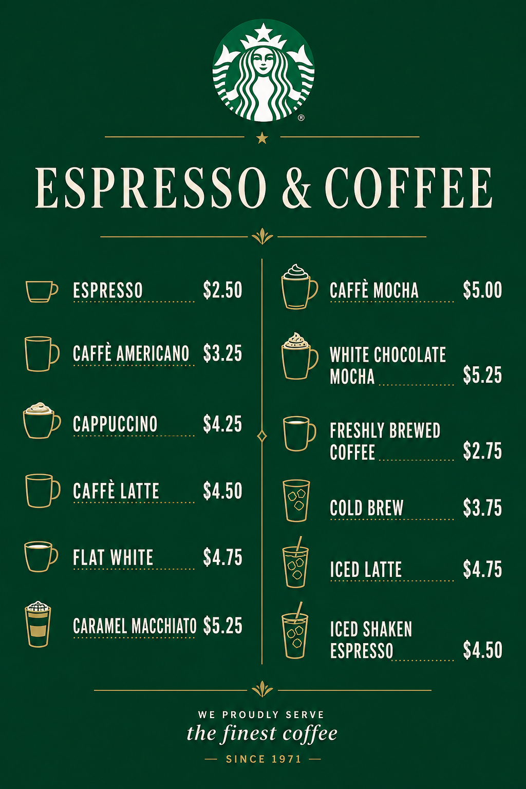 Starbucks Espresso and Coffee menu with prices