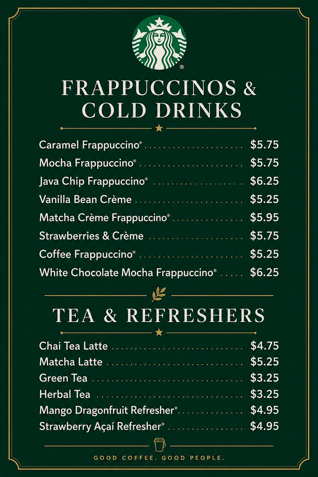 Starbucks Frappuccinos, Tea and Refreshers menu with prices